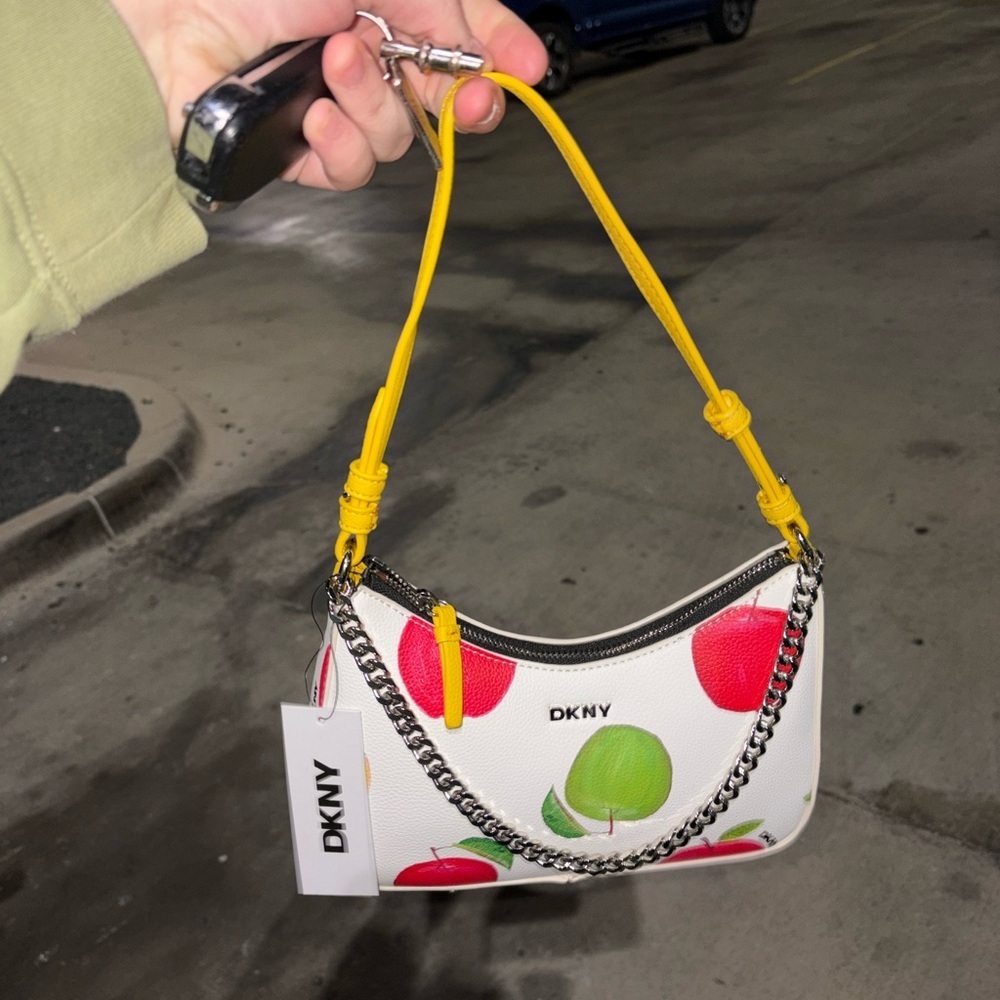 DKNY White Mini Shoulder Bag with Yellow Strap and Red & Green Fruit Print